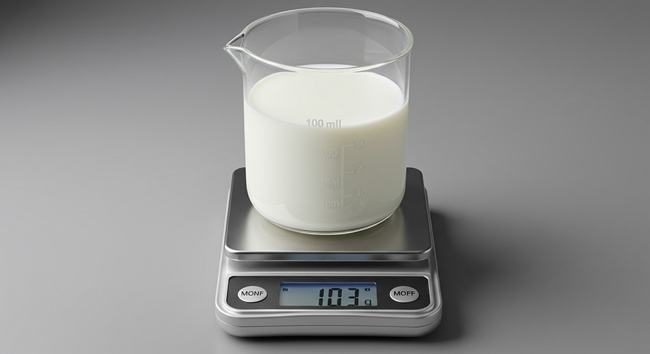 秤に乗せた牛乳100ml